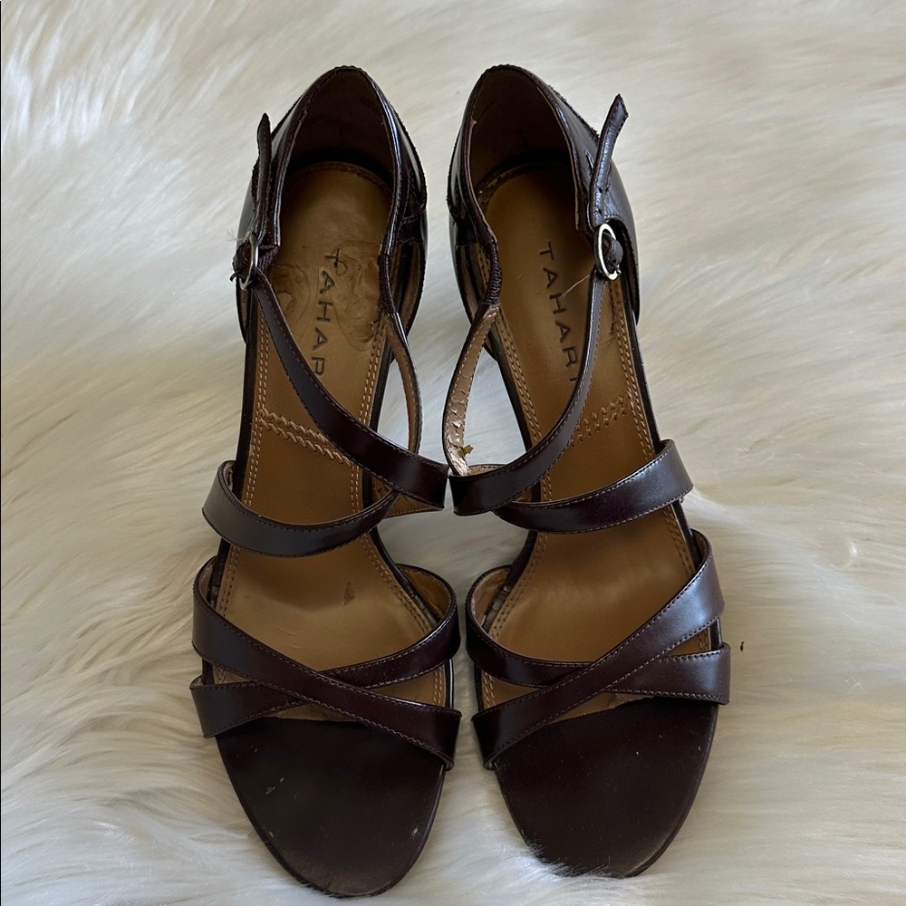 Tahari Dark Brown Leather High Heel Sandals Size 7